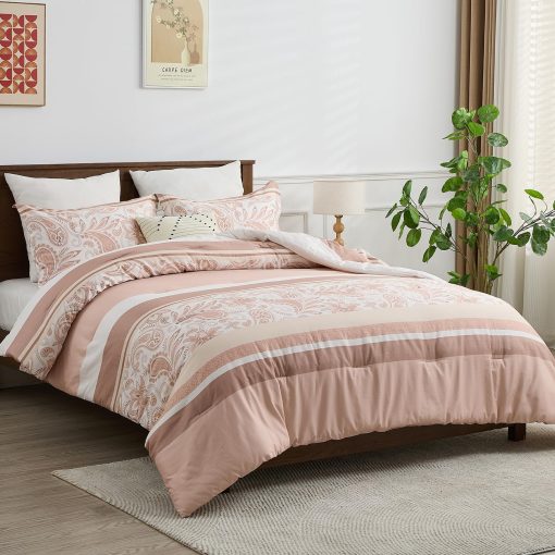 Juego de edredon queen FineStichery en rosa, 100% algodon de fibra larga con rayas de estilo campestre, juego de ropa de cama ligera de flores paisley chic, suave alternativa de plumon para todas las estaciones, 3 piezas