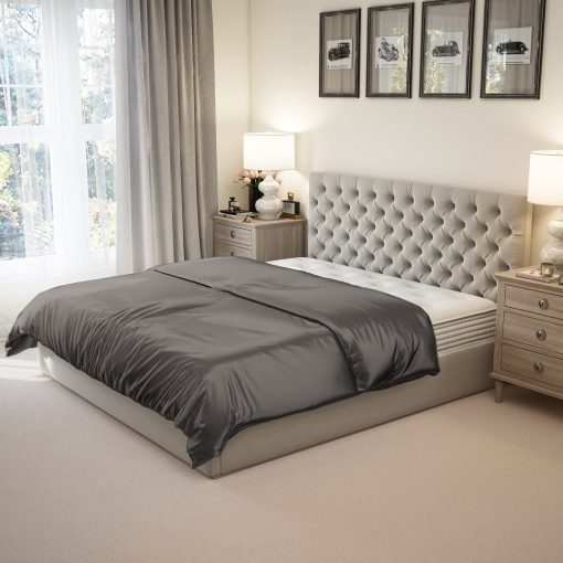 Funda de edredon de seda pura Mulberry Park, 22 momme, Grado 6A - Ultra suave, suave con la piel - Cierre de cremallera oculta y lazos en las esquinas - Tamano completo/queen (92" x 96"), Gris metalico