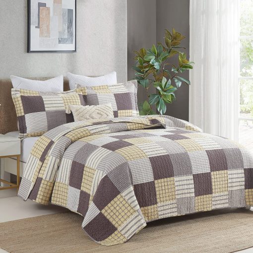 Juego de Edredon Queen Size Y-PLWOMEN, Edredon Queen 100% Algodon, Juego de Edredon Plaid Amarillo Marron Blanco Queen, Colcha Reversible Ligera Queen para Todas las Temporadas, 3 Piezas - Imagen 2