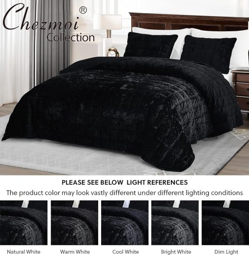 Set de Colcha de Terciopelo Negro Chezmoi Collection Piers Oversized King, Juego de 3 Piezas de Ropa de Cama de Terciopelo Difuso Lujoso y Ligero para Todas las Estaciones - Reverso de Microfibra Cepillada con Doble Costura Cuadrada - Imagen 5