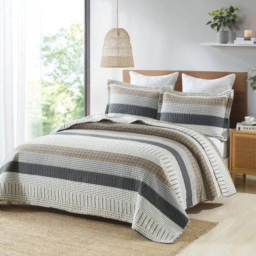 Juego de colcha Queen Size Finlonte, Juego de colcha Queen, Colcha de algodon 100%, Juego de ropa de cama Queen acolchado a rayas en gris, Colchas reversibles suaves y ligeras, Juego de edredon confortable para todas las estaciones, 3 piezas - Imagen 3