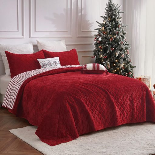 Maravilloso Juego de Edredon Navideño, Set de Edredon de Terciopelo Rojo de Lujo Tamaño Queen, Juego de Edredon de Algodon a Rayas de 5 Piezas Ligero, Cubrecamas Reversible Suave de Estilo Granja con Fundas a Juego para Todas las Estaciones
