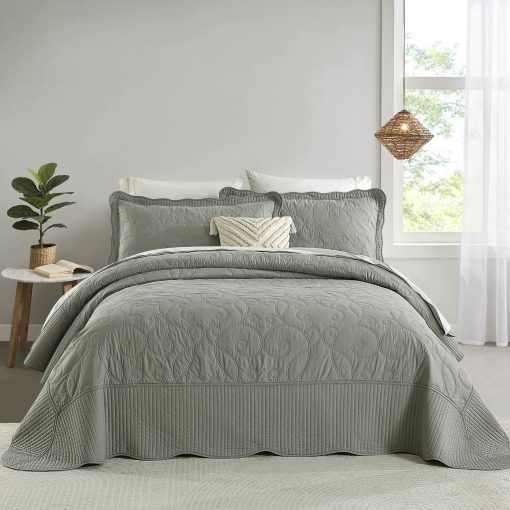 Colcha Queen Size Oversized Finlonte 120"x102" - 100% Algodon con Bordado en Enredadera, Colcha Acolchada Gris Solido, Conjunto de Colcha Extra Grande Suave para Cama Queen con 2 Fundas de Almohada - Imagen 2