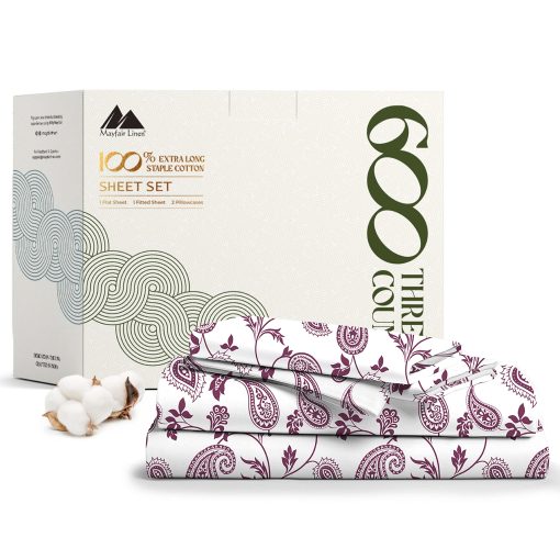 Juego de Sabanas de 100% Algodon Egipcio Estampado de Mayfair Linen - Juego de Sabanas 4 PC King de 600 Hilos, Sabanas de Lujo de Saten para Cama King, Bolsillos Extra Profundos de 16" para Cama King - Paisley