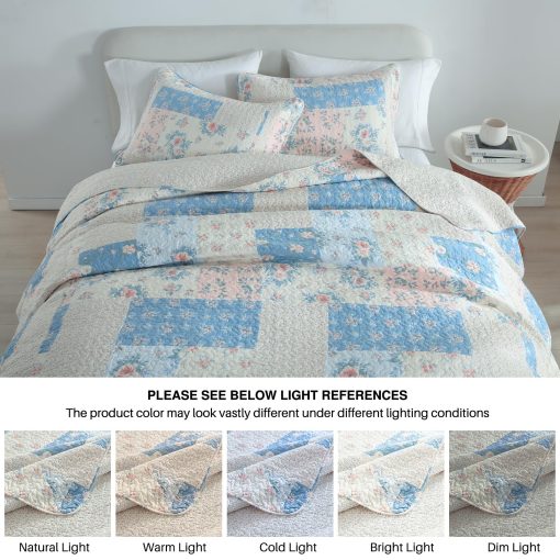 Colcha King DDUOXIN (120"x120") - 100% Algodon, Colcha Reversible Acolchada con 2 Fundas de Almohada, Juegos de Colchas Ligeras con Diseño Floral Campestre, Azul, King/Cal King - Imagen 7