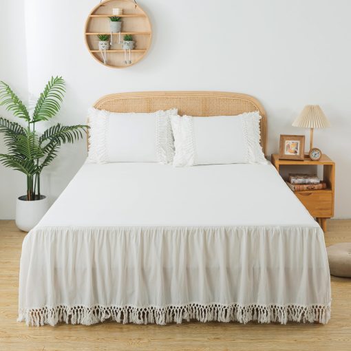 Falda de Cama Suave Cal King Blanco Volantes Borlas Boho Ropa de Cama Bohemia para Ninas 100% Algodon Lavado 1 Falda de Cama + 2 Fundas de Almohada - Imagen 2