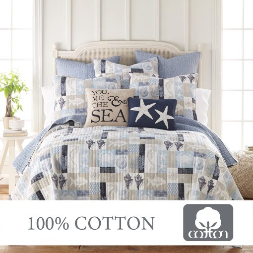 Juego de edredon Levtex Home - Cerralvo Full/Queen - Patchwork Costero - Taupe, Crema, Azul Marino, y Azul - Edredon Tamaño 88x92in. y Dos Fundas Tamaño 20x26in. - Reversible - Tela de Algodon - Imagen 4