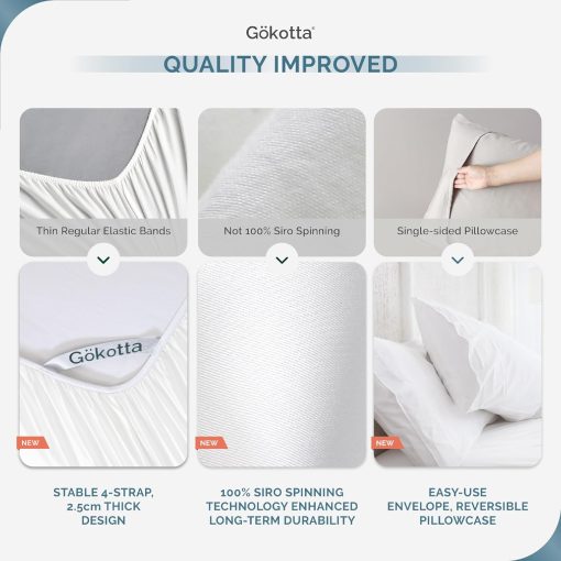 Juego de sabanas tamano Split King GOKOTTA, 5 piezas, 100% Rayon derivado del bambu, enfriamiento para los que duermen calientes - Sabanas suaves y transpirables, sabana ajustable de bolsillo profundo de 16" con correas elasticas en las esquinas, blanco crema - Imagen 3