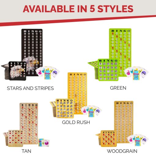 MR CHIPS Cartones de Bingo a Prueba de Atascos con Ventanas Deslizantes, 25 Cartones de Bingo Reutilizables, 75 Cartas de Llamada de Bingo, 1 Tablero Maestro de Bingo en Estilo de Veta de Madera - Imagen 9