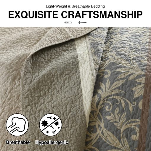 Colcha King Oversized DDUOXIN 128" W x 120 L - Edredon California King 100% Algodon con 2 Fundas de Almohada, Juego de Colcha Reversible de Peso Ligero, Beige/Marron/Gris, 3 Piezas - Imagen 5