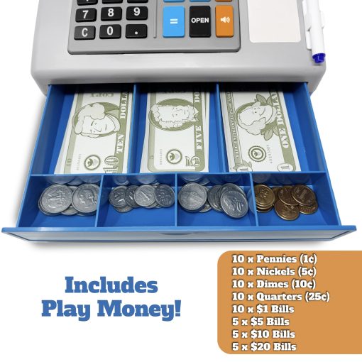 Juguete educativo Dr. STEM Pretend & Play Calculadora registradora con dinero de juego - Funciona con energia solar, set de 67 piezas para aprender habilidades matematicas, caja registradora STEM para ninos (Gris) - Imagen 5