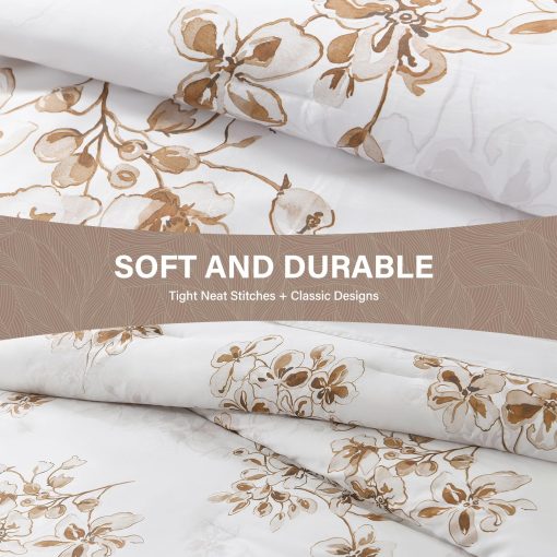 Juego de edredon de algodon SahSahCasa tamano Queen, juego de ropa de cama de edredon para Queen, chic floral acolchado esponjoso de lujo suave para todo el ano, Juego de cama conforter, edredones y alternativa de plumon, 3 piezas, Blanco/Marron - Imagen 5