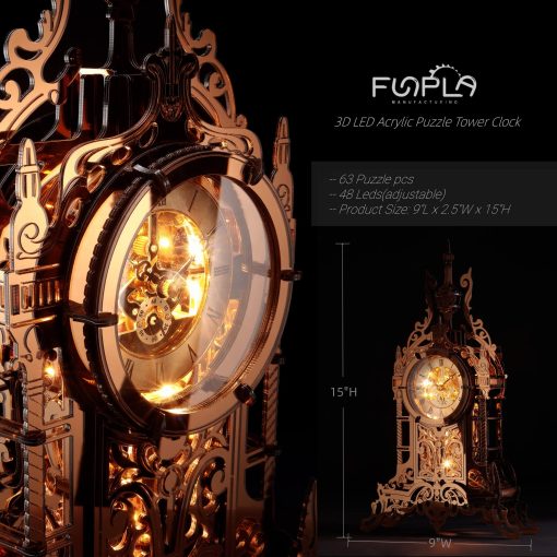 Modelo de Reloj de Puzzle 3D LED FUNPOLA, Modelo de Construccion de Torre de Reloj de Puzzle 3D de Acrilico con LED de Escritorio Adorno de Reloj Elegante para Adolescentes/Adultos (LED-TC03 Acrilico) - Imagen 3