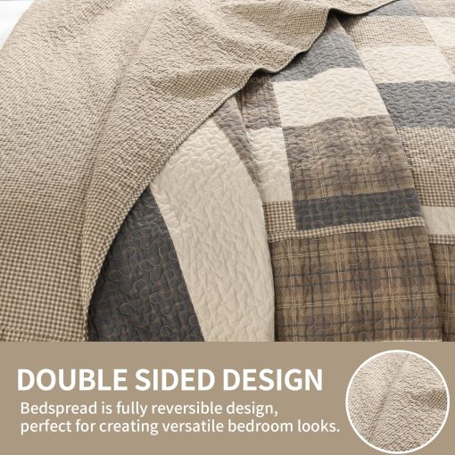 SahSahCasa 120"x102" Juego de Colcha de Cama Queen 100% Algodon Oversized, Colcha Queen Extra Grande, Colcha Ligera para Cama, 3 piezas, Carbon/Beige/Marron - Imagen 8