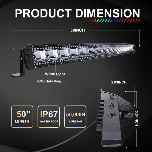 Barra de Luz LED Curva RGBW Lpteso 50 pulgadas 288W Flood Spot Combo Beam 2PCS 4 pulgadas 18W Flood RGB LED Pods con 16 colores solidos y Halo RGB que cambia en el Rocker Switch Wiring - Imagen 2