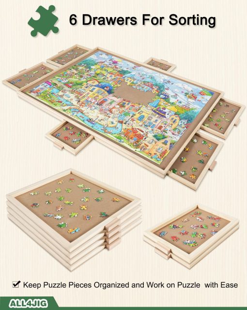 Tablero de rompecabezas giratorio ALL4JIG de 2000 piezas con 6 cajones y cubierta, mesa portatil de rompecabezas de madera de 29.6"x41.3" para adultos, tablero giratorio Lazy Susan como regalo de cumpleanos para mama - Imagen 4