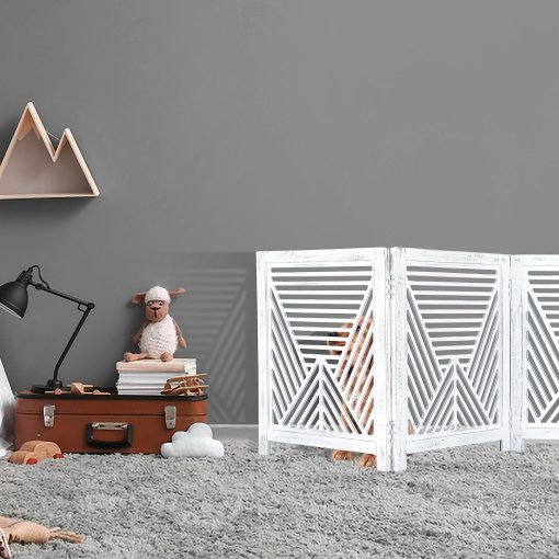 Puerta para perros, Puerta para mascotas, Puertas para perros interiores, Puerta para perros extra ancha para la casa, Puerta para perros para escaleras, Puertas para cachorros, Puertas de seguridad para mascotas, Puertas de madera plegables 24x18 blanco antiguo, 3 paneles - Imagen 5
