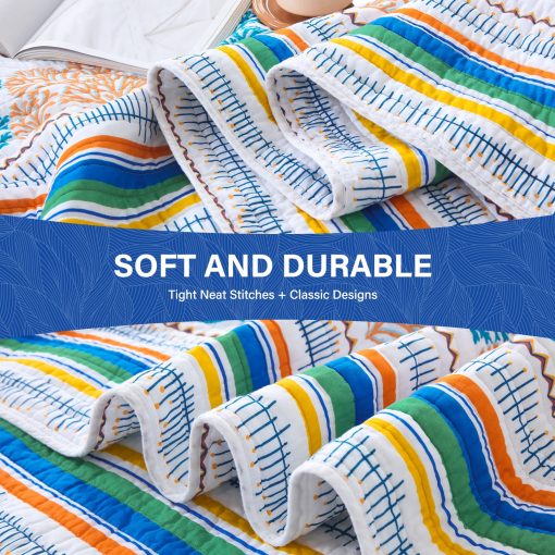 SahSahCasa Quilt Queen Size, Juego de Edredon Queen, Edredon 100% Algodon, Juego de Ropa de Cama Edredon Queen, Edredon Ligero Reversible para Verano para Ninos y Adultos, Blanco/Azul/Naranja - Imagen 5