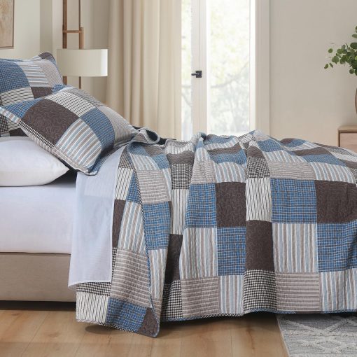 Colcha de cuadros para cama Queen Size Y-PLWOMEN - 100% algodon, colcha de algodon ligera y transpirable con 2 fundas de almohada, juego de ropa de cama, azul marron, Queen (90 * 98 pulgadas) - Imagen 3