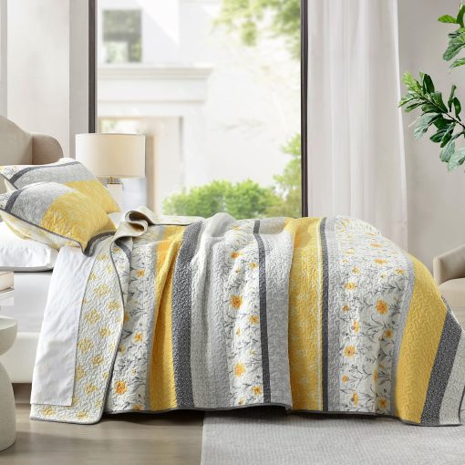 Juego de Edredon de Algodon 100% PANGUSHAN para Cama Queen, Juego de Edredon de Tamano Queen, Edredon Reversible Floral de Estilo Granja en Amarillo, Cubrecama Acolchado Ligero para Cama Queen, 3 Piezas, Amarillo/Gris/Blanco - Imagen 5