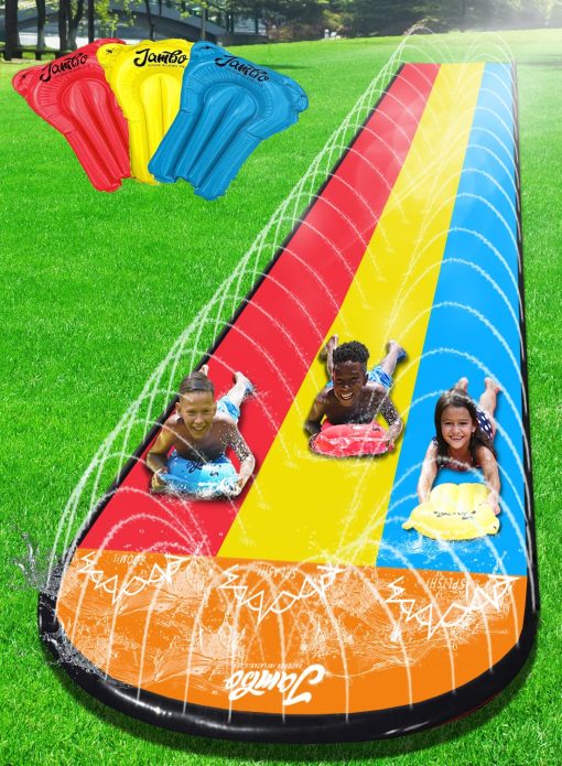 JAMBO 25' Extra Largo Triple Carril Deslizante y Chapoteo con Tablas de Cuerpo, Resbaladilla de Agua Resistente de Alta Calidad- Sistema de Rociadores Avanzado de 3 Vias, Colchoneta de Chapoteo, Tapete de Salpicaduras Juguetes y Deslizadores de Agua al Aire Libre para Ninos