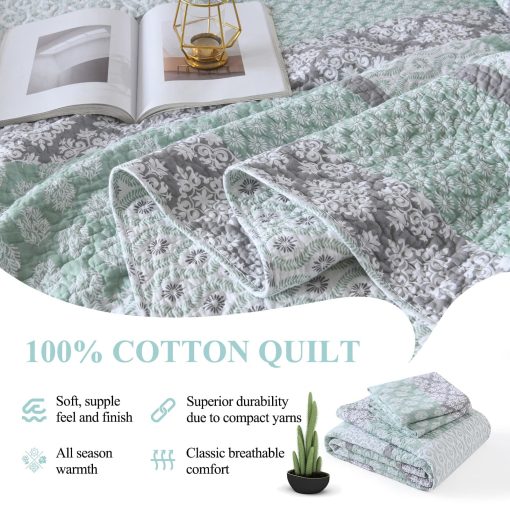 DDUOXIN Colchas Florales Tamaño Queen - 100% Algodon Reversible Colcha Queen con 2 Fundas de Almohada, Colchas Queen Livianas Juego de Cama, Verde/Gris, Queen - Imagen 4