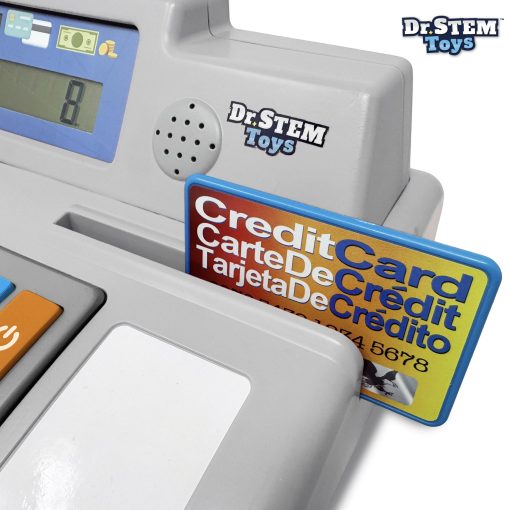 Juguete educativo Dr. STEM Pretend & Play Calculadora registradora con dinero de juego - Funciona con energia solar, set de 67 piezas para aprender habilidades matematicas, caja registradora STEM para ninos (Gris) - Imagen 7