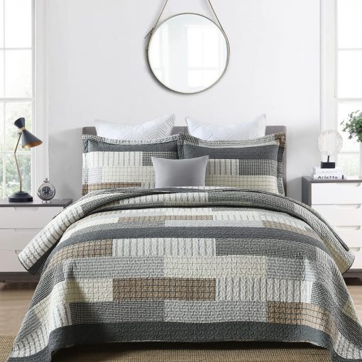 Colcha King Size PERHOM - 100% Algodon Estilo Rustico para Cama King, Juego de Colcha King Edredon para Cama, Ligera y Calida, Gris/Marron/Beige