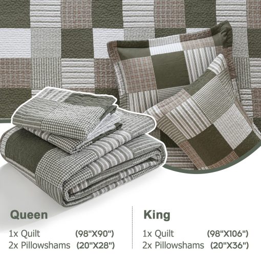 Juego de Edredon de Algodon Tamano Queen de Finlonte - Juego de Edredon Verde Moonbeam Blanco a Cuadros, Colcha de Granja Reversible de Algodon Suave, Cubrecamas Acolchado para Todas las Estaciones, 3 Piezas - Imagen 5