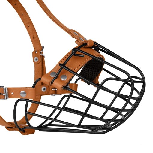 Bozal de metal transpirable para perros Pitbull con cesta para perros grandes Amstaff Staffordshire Terrier Mascara segura de alambre ajustable Correas de cuero duraderas para morder ladrar (Marron) - Imagen 6