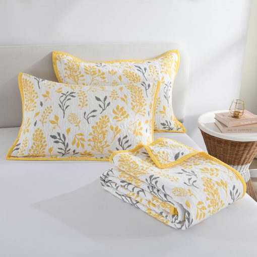Colcha de Colchas de Tamano Queen Qiqiong, Floral 100% Algodon Juego de Ropa de Cama Colcha de Granja Tamano Queen Ligera Juego de Edredon Reversible para Cama Queen Cubrecamas, Amarillo Blanco 3 Piezas - Imagen 5