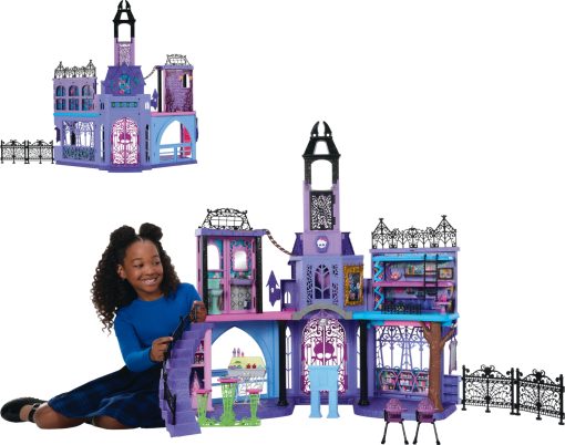 Casa de Munecas Monster High, Set de Juego de la Escuela Secundaria Embrujada con 7 areas de Juego y mas de 35 Piezas para Contar Historias Incluyendo Muebles y Accesorios
