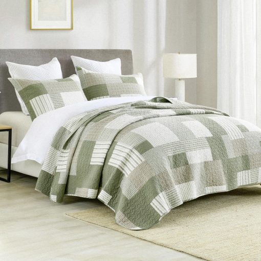 Juego de Colcha a Cuadros Uniclinens para Cama Queen, Colcha Verde Patchwork, Juego de Ropa de Cama 100% Algodon, Edredon Ligero de Estilo Rustico, Juego de 3 Piezas con 2 Fundas de Almohada, Verde/Marron/Beige - Imagen 2
