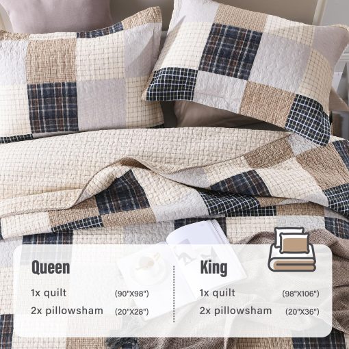 Colchas Queen Size de Granja Y-PLWOMEN - 100% Algodon Colcha de Cuadros Queen con 2 Fundas de Almohada, Colchas de Cama Acolchadas Transpirables, Juego de Ropa de Cama, Marron Beige, Queen (90 * 98 Pulgadas) - Imagen 4