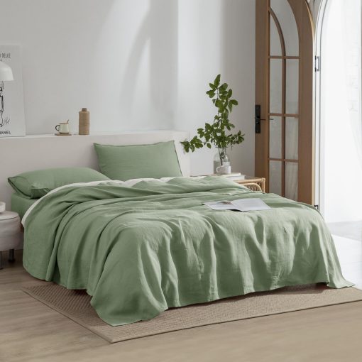 Conjunto de sabanas de lino EVERLY tamano individual, 100% puro lino frances, 3 piezas (1 sabana encimera, 1 sabana ajustable, 1 funda de almohada) Adecuado para personas que duermen calientes, juego de ropa de cama natural de bolsillo profundo color verde saga - individual - Imagen 9