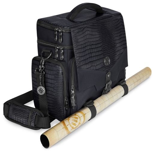 Bolsa de aventurero de edicion coleccionista ENHANCE RPG - Bolsa de viaje con exterior de piel de dragon para juegos de rol con boveda de almacenamiento de miniaturas de mesa, soporte para tapetes, bolsillos para dados y fichas de DND, cabe 4-8 libros (Dragon Negro)