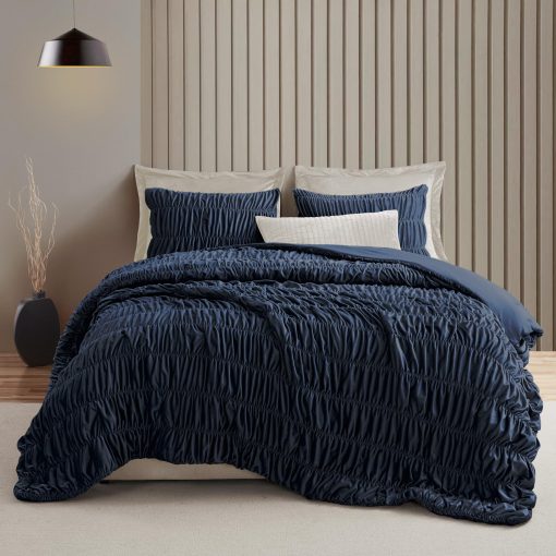 Juego de edredon de lujo de terciopelo fruncido tamano King maravilloso, acolchado a mano con volantes reversibles rayados, sensacion de algodon, regalos festivos esponjosos para el invierno (Azul Marino) - Imagen 3