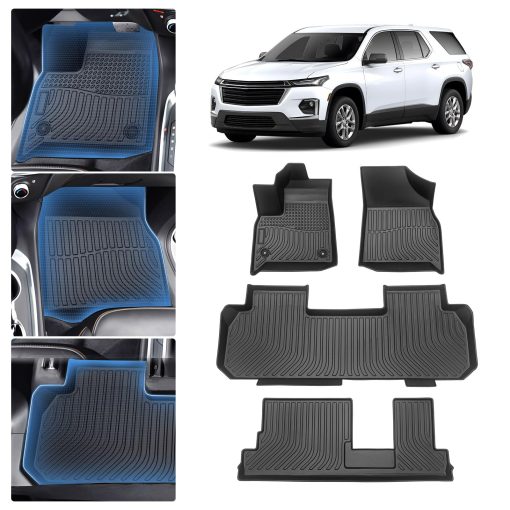 Tapetes para Piso Sunsdrew para Chevrolet Chevy Traverse 2018-2023 2024 de 8 Asientos Accesorios Todo Clima Protectores de Piso de 3 Filas Juego de Tapetes de TPE Alfombras de Proteccion Impermeables/Duraderas/Inodoras Negro