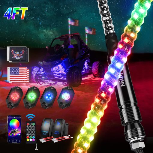 Nilight 2PCS 4FT RGB Luces de latigo LED y 4 PCS RGB Luces de roca Combo, Control Remoto y de la Aplicacion con Patrones de Seguridad de Luz de Parada de Giro de Persecucion DIY Luces Iluminadas de Antena para ATV UTV, Garantia de 2 Anos