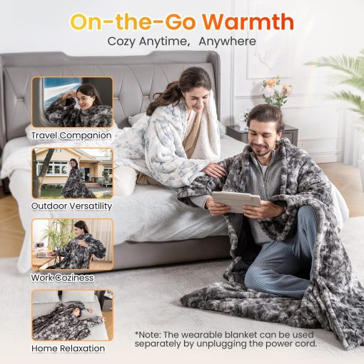 Manta termica portatil WOOMER 50?70?, Suave Faux Fur y Acogedor Sherpa con Bolsillos para los Pies y Mangas, 4 Niveles de Calentamiento y Apagado Automatico de 4H, Certificado ETL, Lavable a maquina - Imagen 6