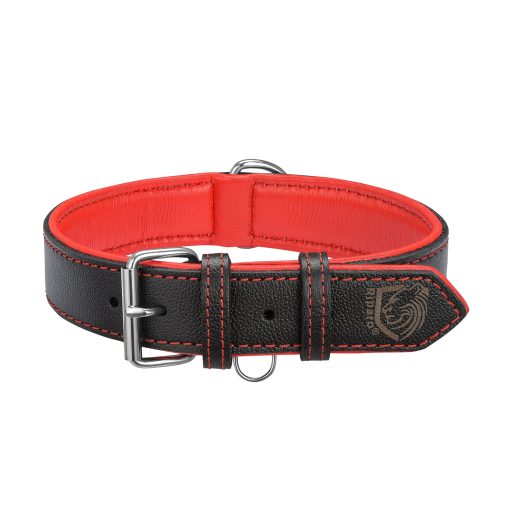 Collar Ajustable de Cuero Genuino Acolchado para Perro de Raza Pesada K-9 (XL, Negro/Hilo Rojo)