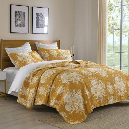 Colcha de Tamaño King 100% algodon DUOHONG, Amarillo Floral Juego de Cama King Colcha Ropa de Cama Ligera Edredon para Cama King, 3pcs, Amarillo Abeto - Imagen 3