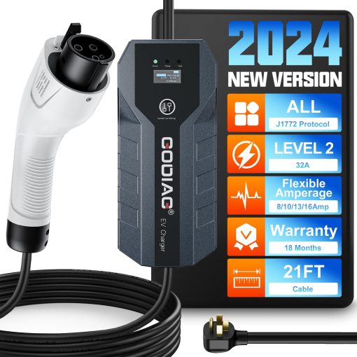 Cargador de Coche Electrico Nivel 2, 32Amp 240V con Enchufe NEMA 14-50 y Cable de 21 pies, Cargador Electrico Portatil Ajustable de 10/16/24/32A para Vehiculos Electricos J1772 y PHEV