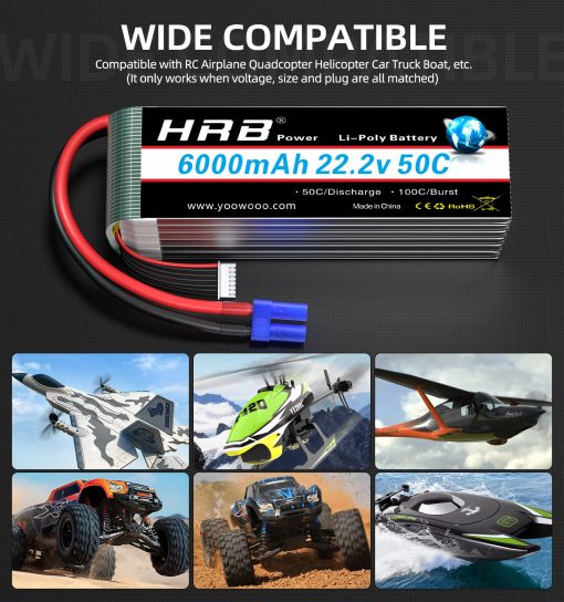 HRB 2pcs 6S 6000mAh Bateria Lipo EC5 50C-100C 22.2V Compatible con Helicoptero Coche Avion Barco RC - Imagen 6