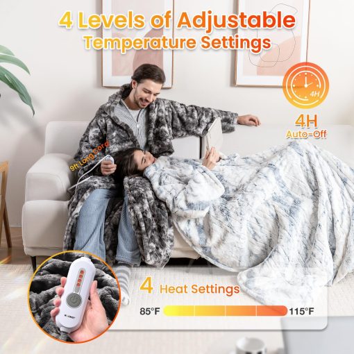 Manta termica portatil WOOMER 50?70?, Suave Faux Fur y Acogedor Sherpa con Bolsillos para los Pies y Mangas, 4 Niveles de Calentamiento y Apagado Automatico de 4H, Certificado ETL, Lavable a maquina - Imagen 2