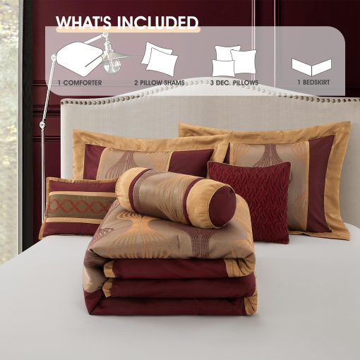 Juego de Edredon LANCO MODERN LIFESTYLE Queen, Vino Oro, 7 Piezas con Sabana, Jacquard Ultra Suave con Piezas Solidas, Juego de Lujo con Edredones, Falda de Cama, Fundas de Almohada y Cojines Decorativos - Imagen 5