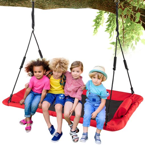 LITTLELOGIQ Columpio de arbol para niños, 59 pulgadas Conjuntos de columpios al aire libre para el patio trasero, Asiento de columpio de plataforma voladora con 2 correas colgantes, Capacidad de 700 lb, Cuerdas ajustables, Regalo para adultos, niños, niñas - Rojo