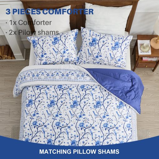 Set de Edredon Queen Size FineStichery, 100% Algodon de Fibra Larga Azul Ramas Florales, Juego de Ropa de Cama Acolchado Reversible de Estilo Granja Suave con Alternativa de Plumon y 2 Fundas de Almohada para Todas las Estaciones - Imagen 6