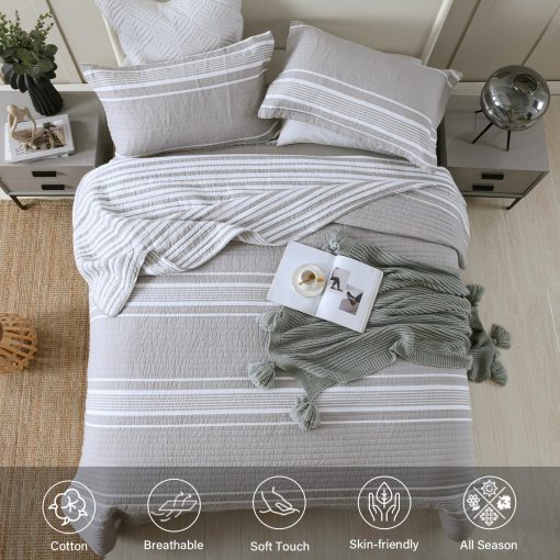 Quilta Juego de Edredon 100% Algodon Tamano Queen - Colcha Ligera Acolchada, Juego de Ropa de Cama a Rayas Gris 3 Piezas, Suave y Ligero Decoracion del Hogar para Todas las Estaciones, Gris/Blanco - Imagen 2