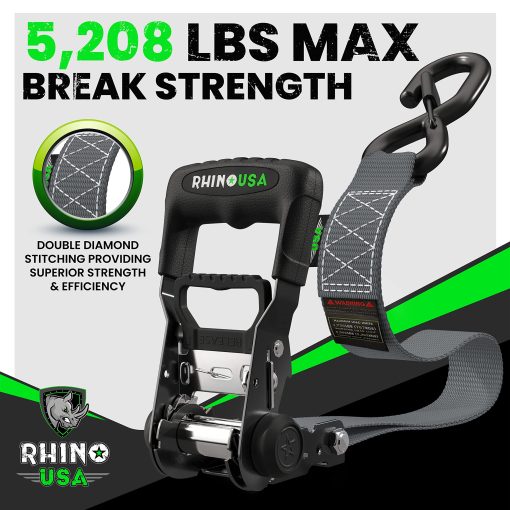 Juego de Correas de Amarre con Trinquete RHINO USA, Resistencia de 5,208 lb - incluye (4) Correas de Trinquete Resistentes con Mangos Acolchados y Ganchos S de Cromoly Recubiertos + (4) Correas de Amarre con Lazos Suaves - Imagen 2